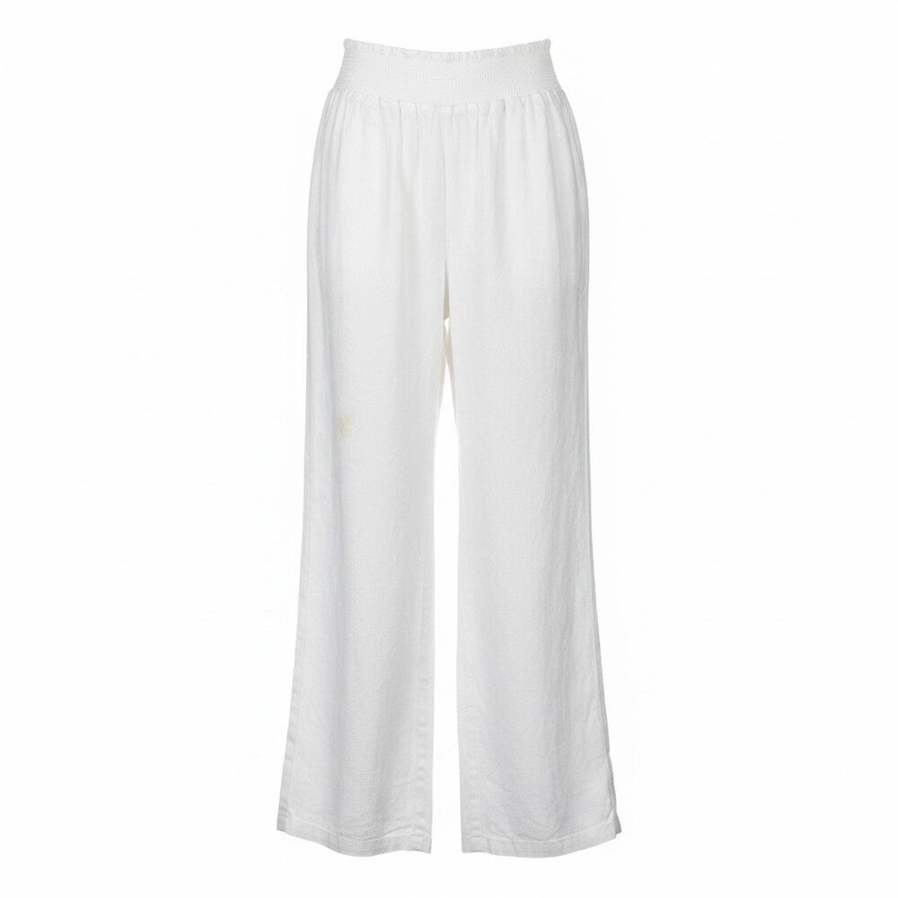 White 100% Linen Pants Small Smocked Waist Straight Leg Coastal Boho Chic Summer